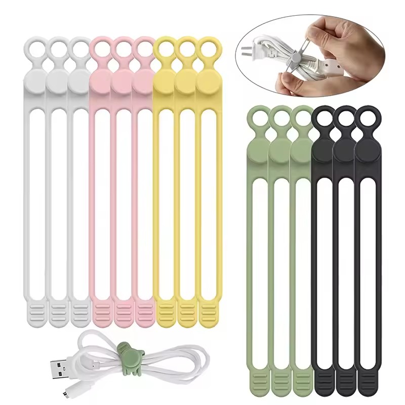 Cable Organizer - สายรัดซิลิโคน 10 ชิ้น, ที่จัดระเบียบสายไฟ, สายรัดสายเคเบิล, สายรัดสายไฟแบบใช้ซ้ำได้,