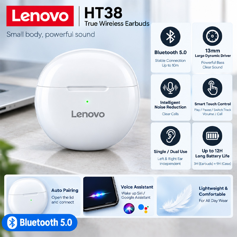 Wireless Charger - หูฟังไร้สาย Lenovo HT38 TWS สำหรับออกกำลังกาย ขนาดเล็ก